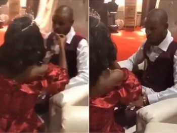 Moment Groom Gets Angry As Bride Eats Food She Was Meant To Give Him At Their Wedding Reception